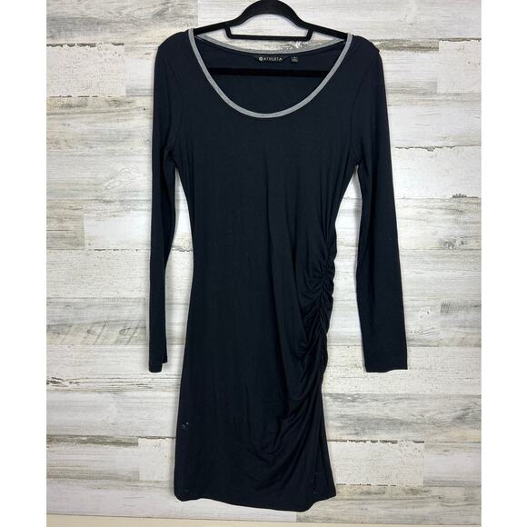 Athleta womens size small Black Gray Long Sleeve Carefree Side Ruched midi Dress - Picture 1 of 5